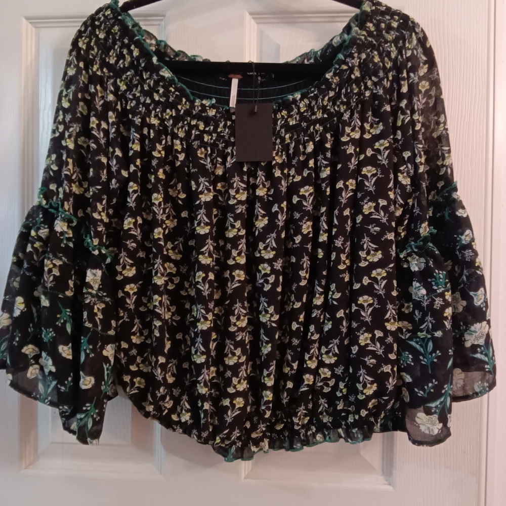 Free People Black Floral Off-Shoulder Peasant Blouse with Green Accents